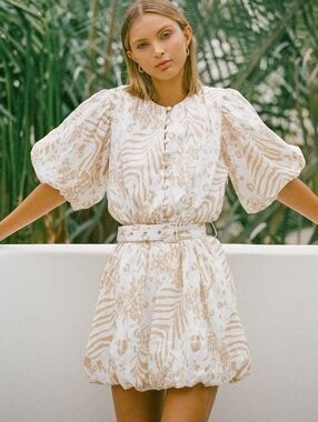 Sabo Luxe Linen Abstract Print Puff-Sleeve bubble skirt Mini Dress with Belt-CRM